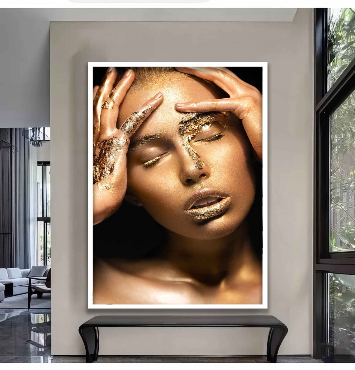 Gold Leaf Makeup Woman Portrait Hands Luxury Beauty Wall Art Poster - Image 3