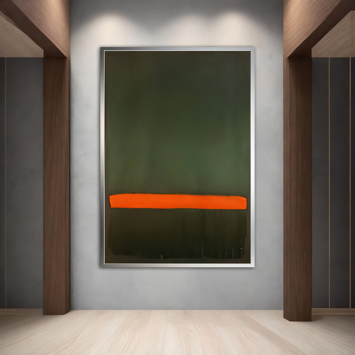 Dark Green Abstract Color Field Orange Stripe Modern Wall Art Poster - Image 2