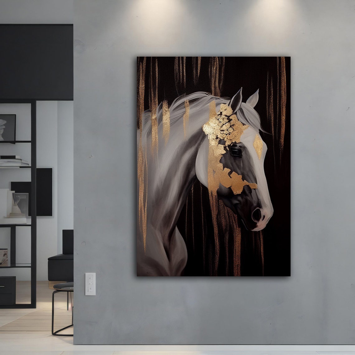 White Horse Gold Leaf Portrait Black Background Luxury Art Print - Image 4