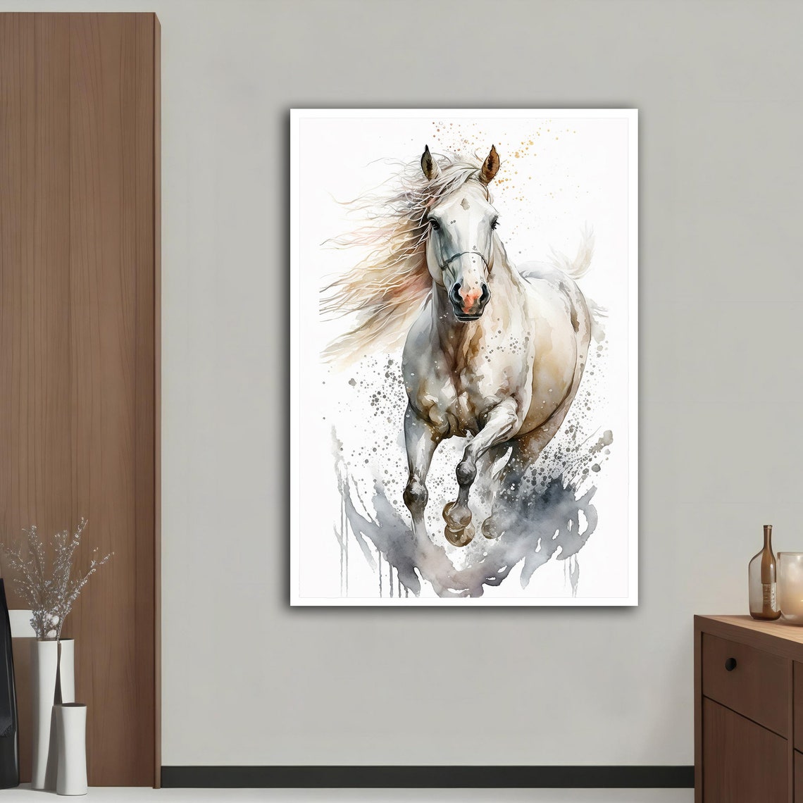Galloping White Horse Watercolor Motion Animal Wall Art Poster - Image 2