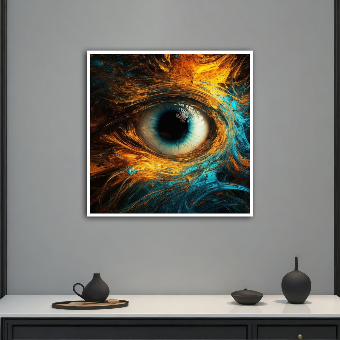 Surreal Giant Blue Eye In Swirling Gold Turquoise Paint Art Poster - Image 2