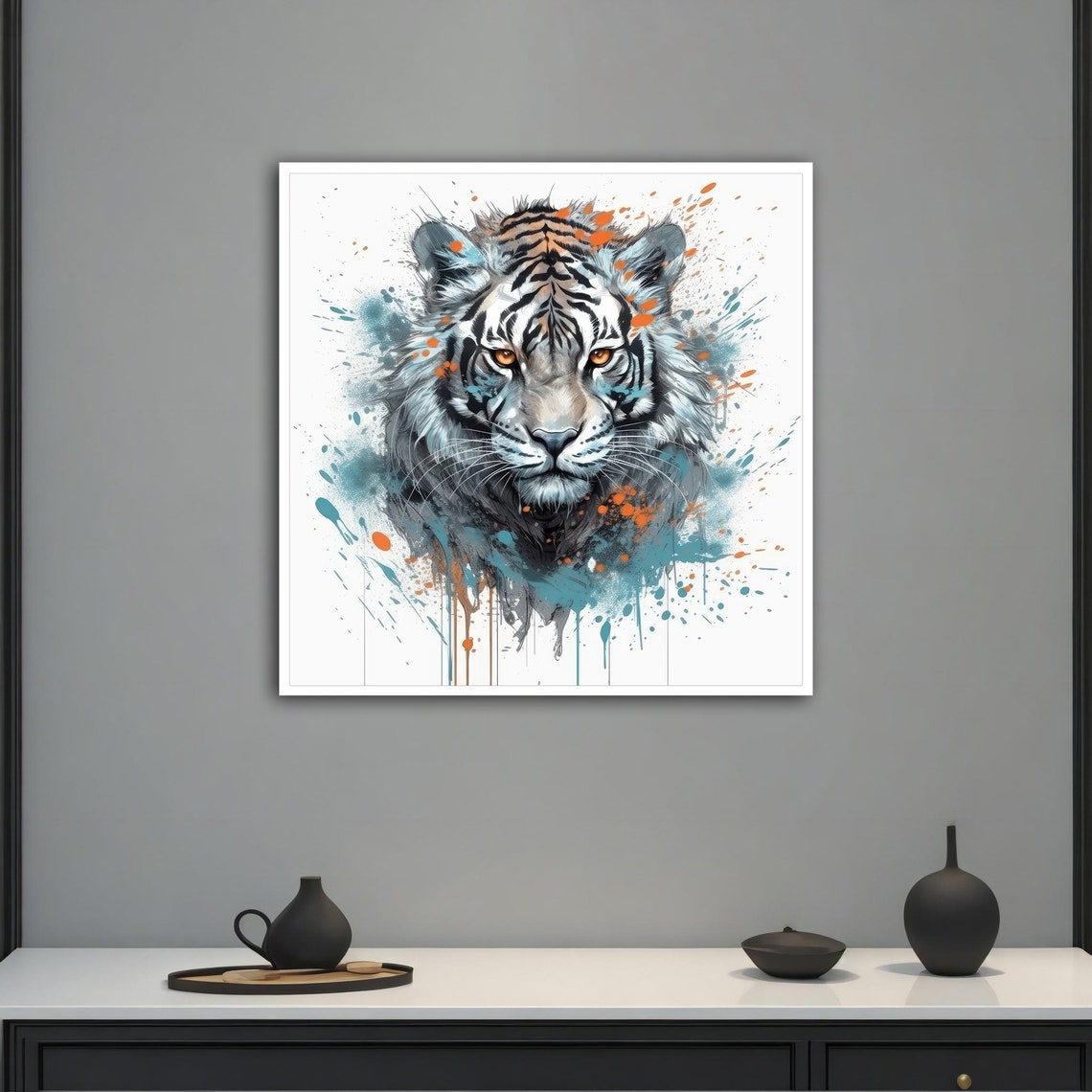 White Tiger Face Watercolor With Blue And Orange Paint Splashes Poster - Image 5
