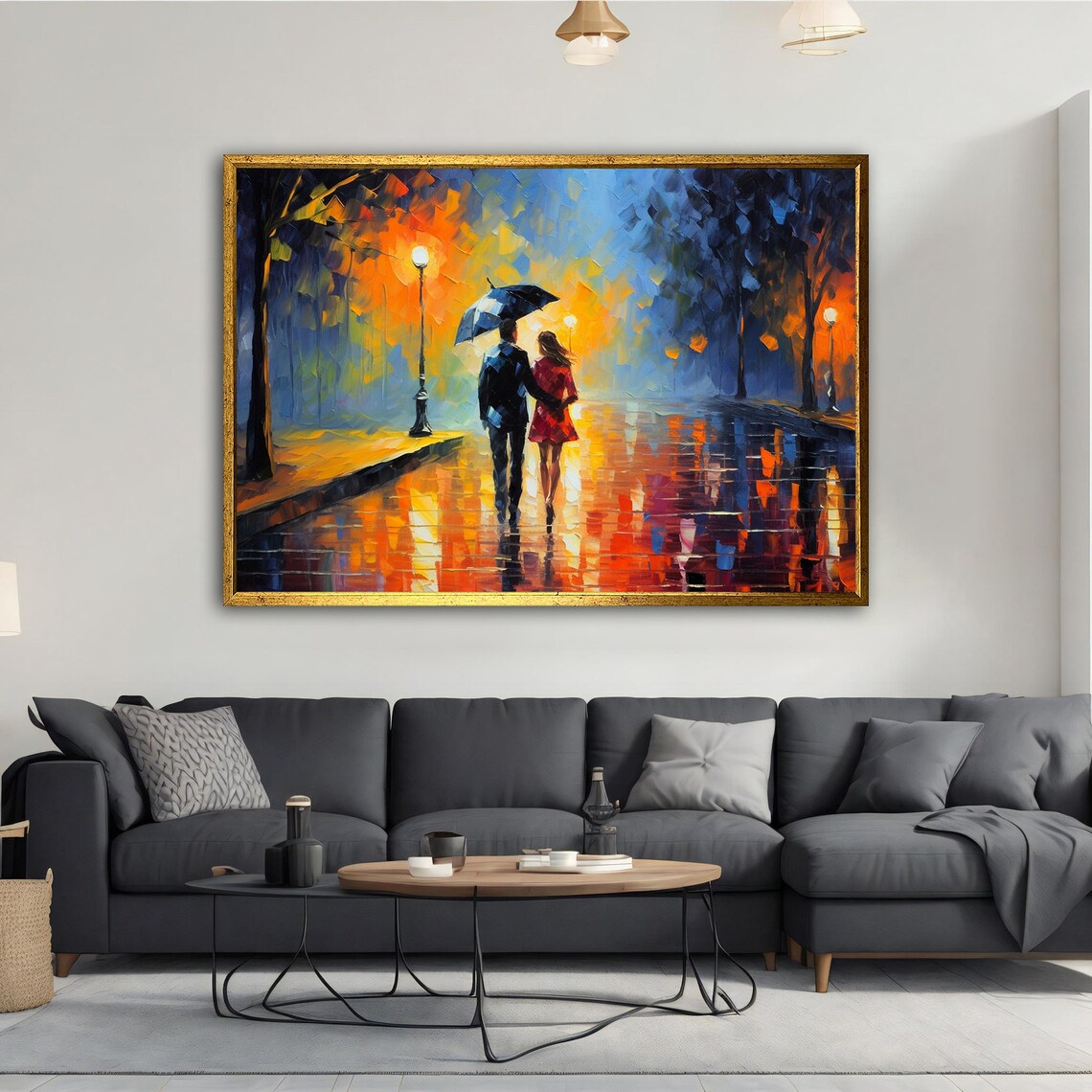 Couple Under Umbrella Rainy Night Street Impressionist Art Poster - Image 5