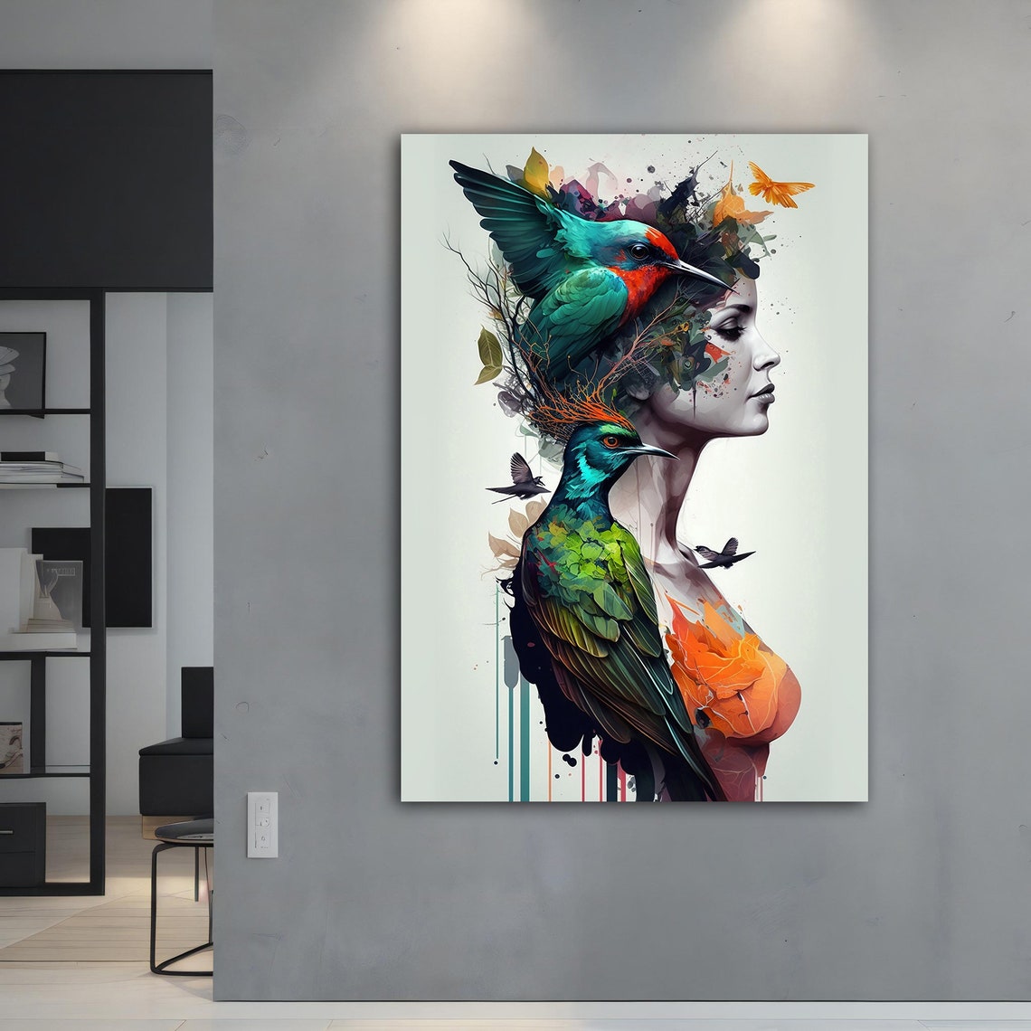 Woman With Bird Colorful Wall Art Colorful Modern Woman Print Colorful Abstract Woman Painting Feminine Woman Wall Decor - Image 5
