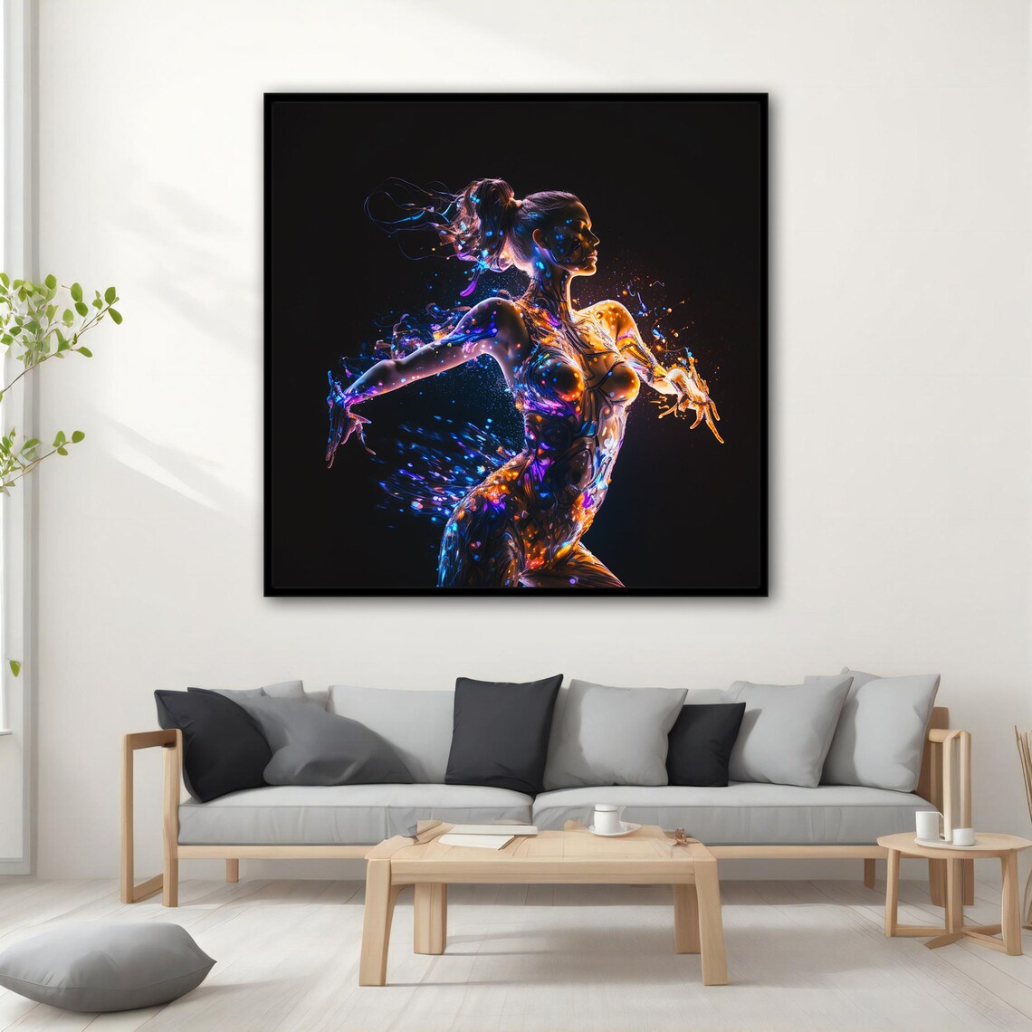 Neon Glowing Woman Light Figure Dance Blue Orange Digital Wall Art Poster - Image 4