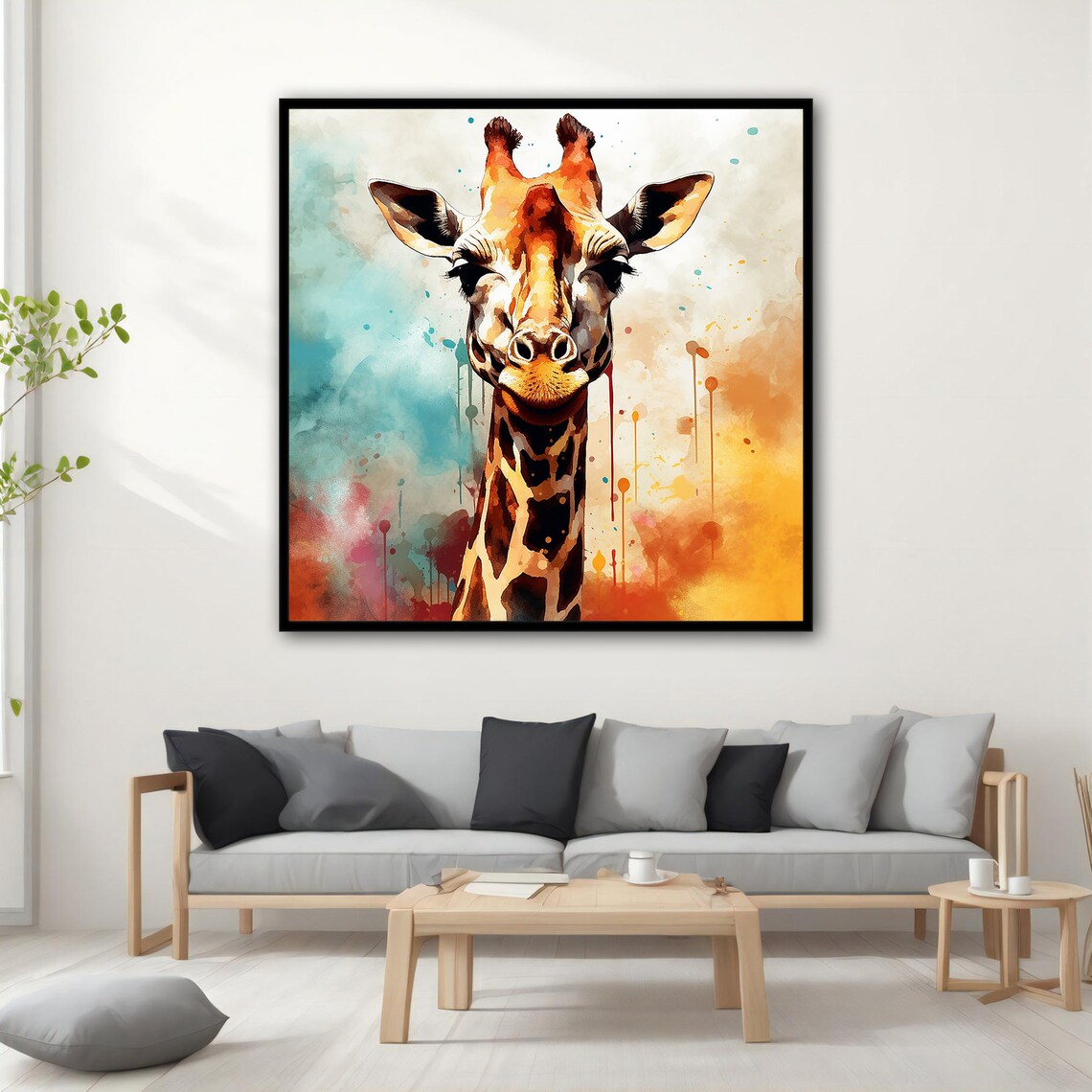 Giraffe Watercolor Portrait Colorful Paint Splash Animal Art Poster - Image 3