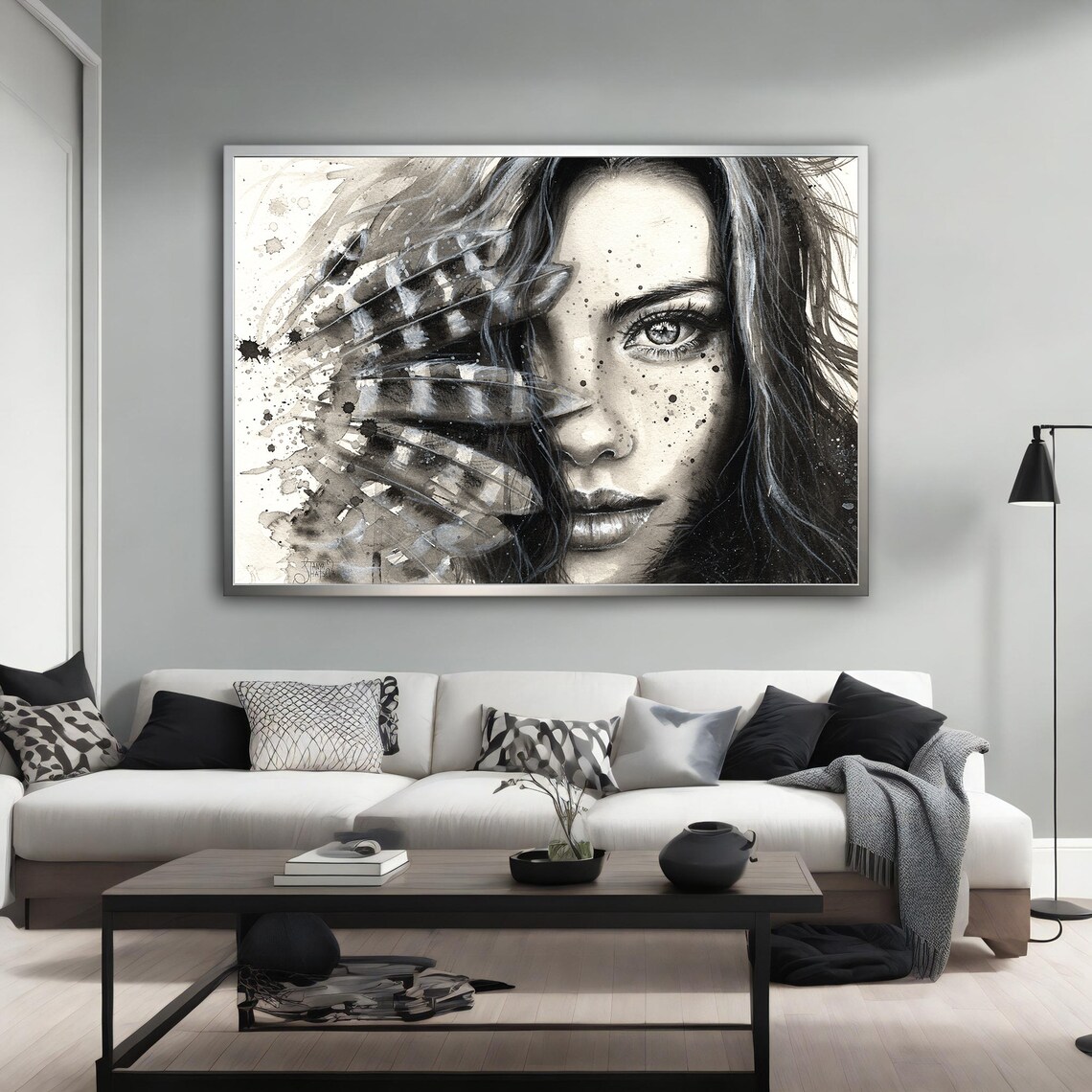 Woman Face Feathers Black White Watercolor Portrait Elegant Wall Art Poster - Image 3