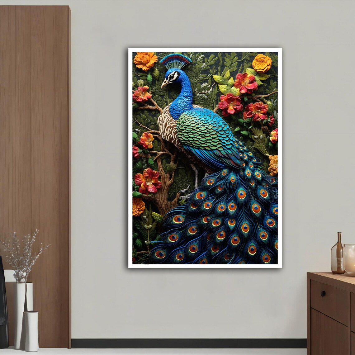 Peacock 3D Relief Style Flower Garden Vibrant Wall Art Poster - Image 2