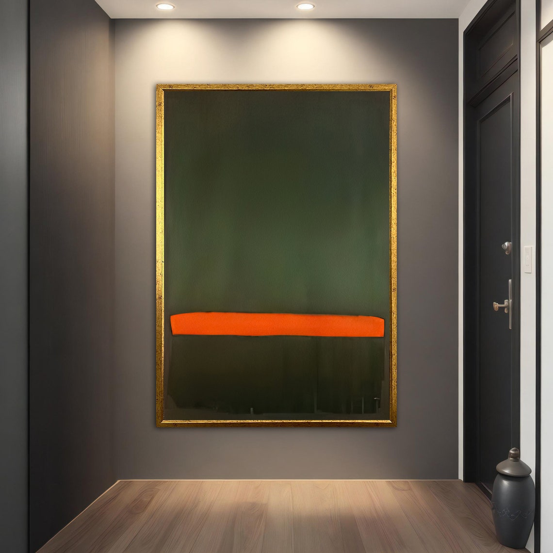 Dark Green Abstract Color Field Orange Stripe Modern Wall Art Poster - Image 3