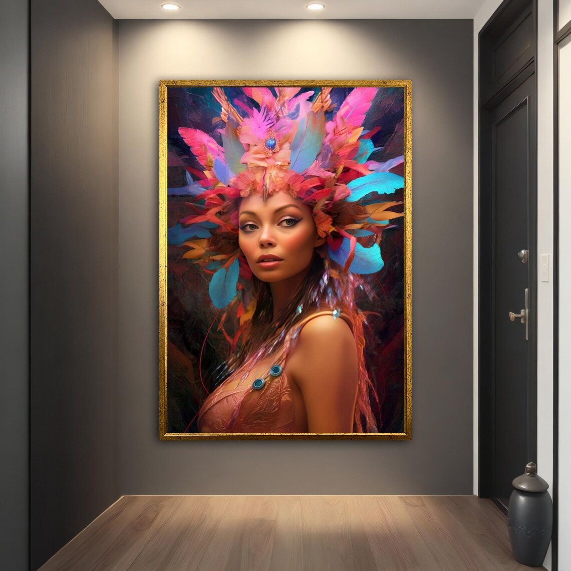 Woman Pink Feather Headdress Blue Tropical Carnival Beauty Art Poster - Image 4