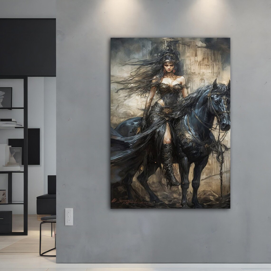 Dark Fantasy Woman Riding Black Horse Gothic Style Art Poster - Image 4