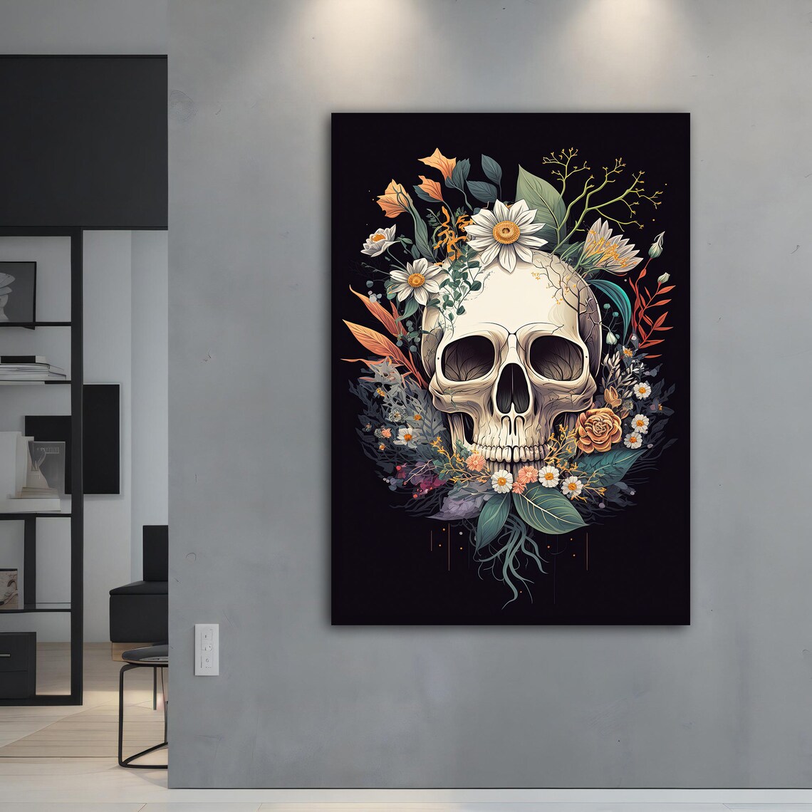 White Skull Wildflowers Daisies Botanical Black Background Floral Art Poster - Image 5