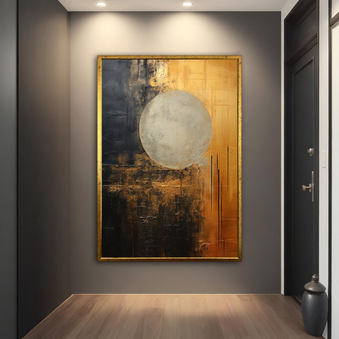 Black And Gold Abstract Painting With Large Moon Sphere Wall Art - Image 4