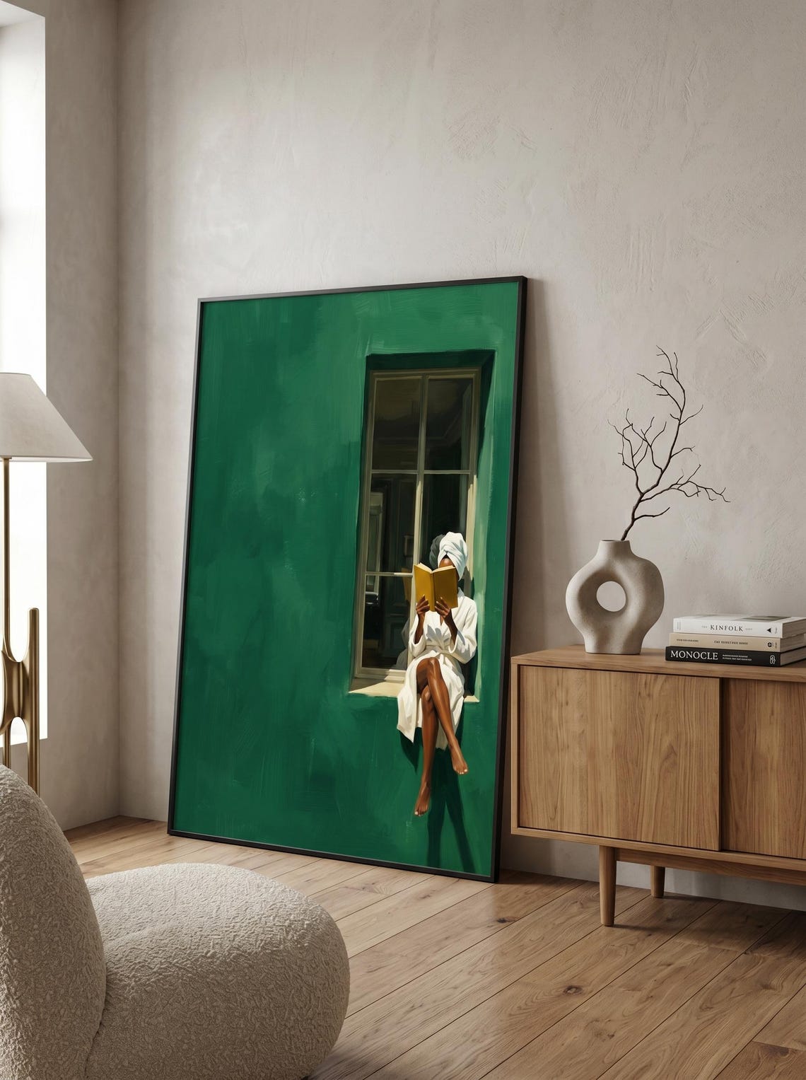 Black Woman Reading Art Print Emerald Window Scene Living Room Wall Minimalist Quiet Luxury - Image 5