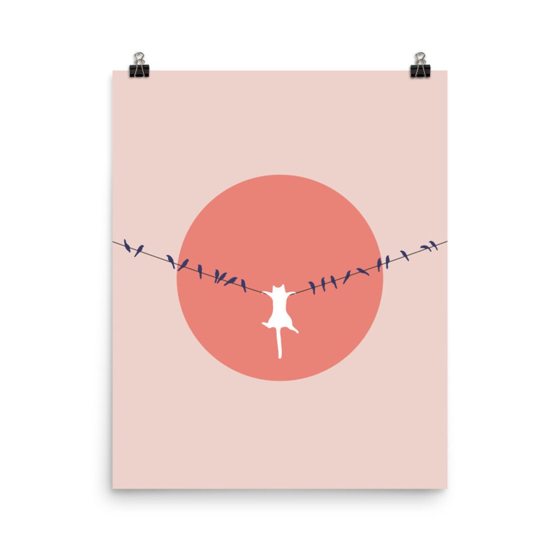 White Cat on Wire With Birds Coral Sun Minimalist Pink Art Poster