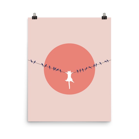 White Cat on Wire With Birds Coral Sun Minimalist Pink Art Poster
