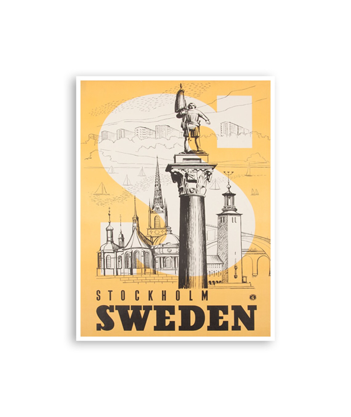 Stockholm Sweden Vintage Yellow Travel Art Retro Poster Cityscape