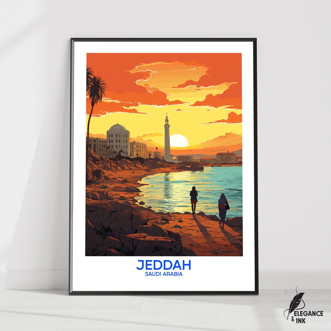 Jeddah Saudi Arabia Sunset Coastline Minaret Beach Travel Poster