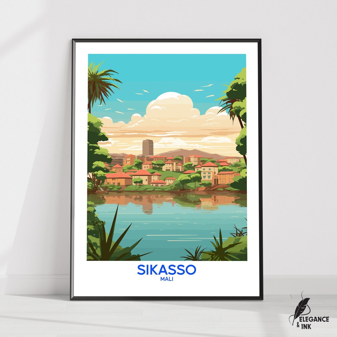 Sikasso Mali Palm Fringed Lakeside Cityscape Vintage Travel Poster