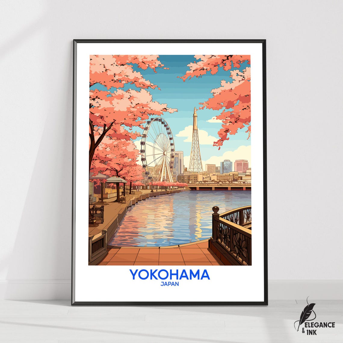 Yokohama Japan Cherry Blossom Ferris Wheel Harbor Travel Poster