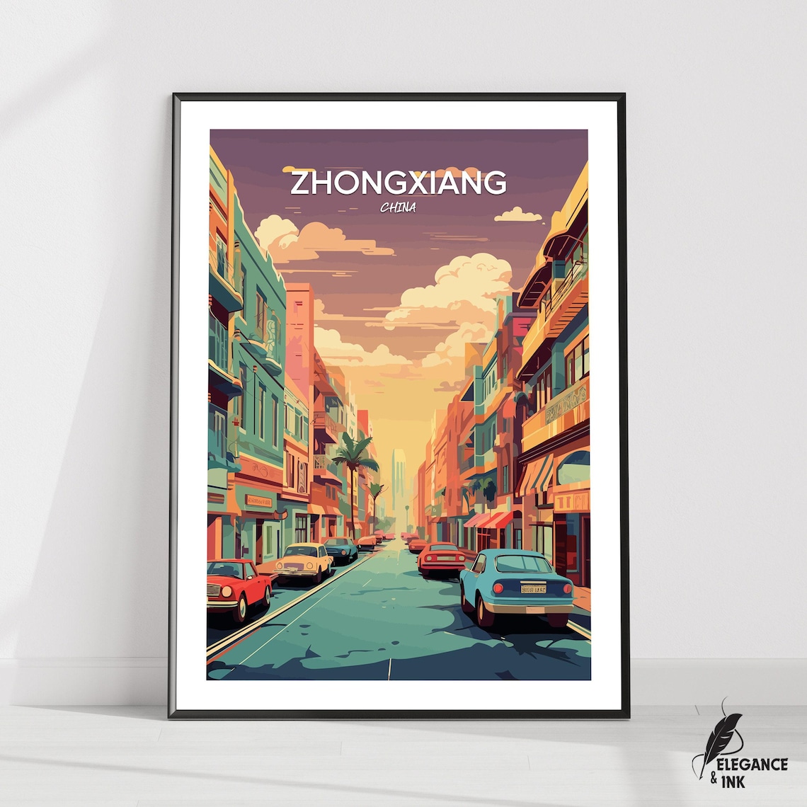 Zhongxiang China City Street Classic Cars Vintage Travel Poster
