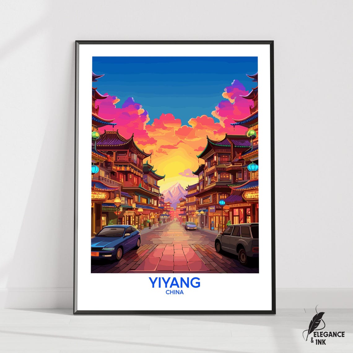 Yiyang China Sunset Street Pagodas Travel Illustration Poster