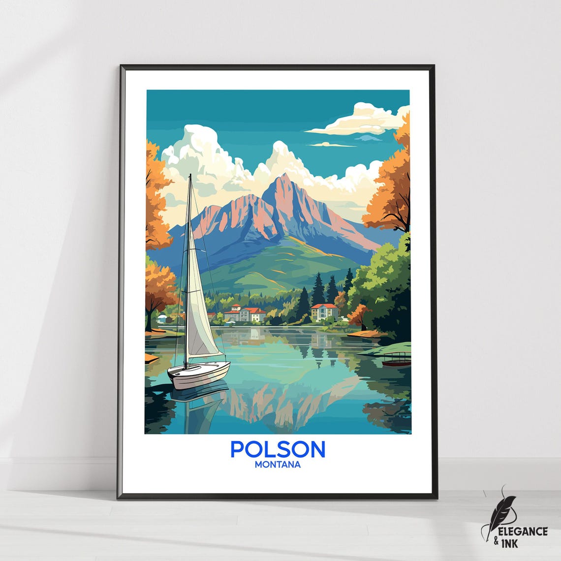 Polson Montana Sailboat on Lake Mountain Reflection Travel Poster