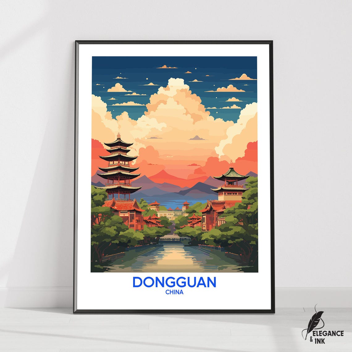 Dongguan China Temple Pagodas River Sunset Skyline Travel Poster