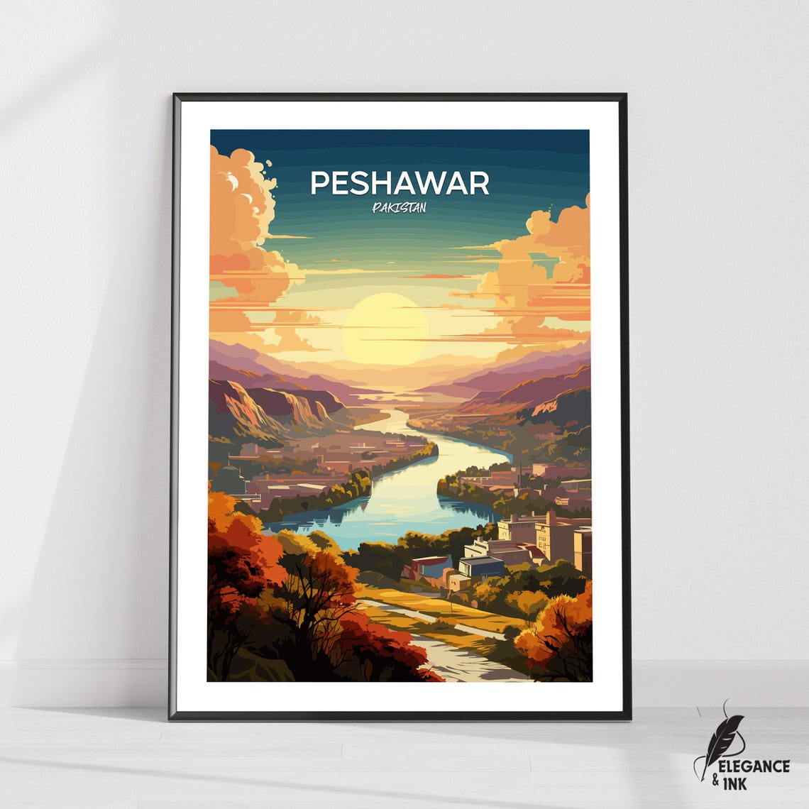 Peshawar Pakistan River Valley At Sunset Vintage Travel Poster