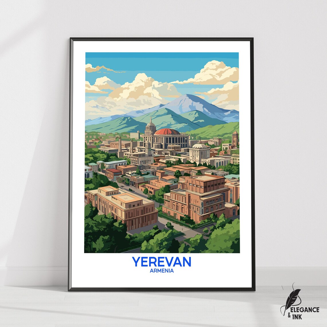 Yerevan Armenia Mountain City Skyline Retro Vintage Travel Poster