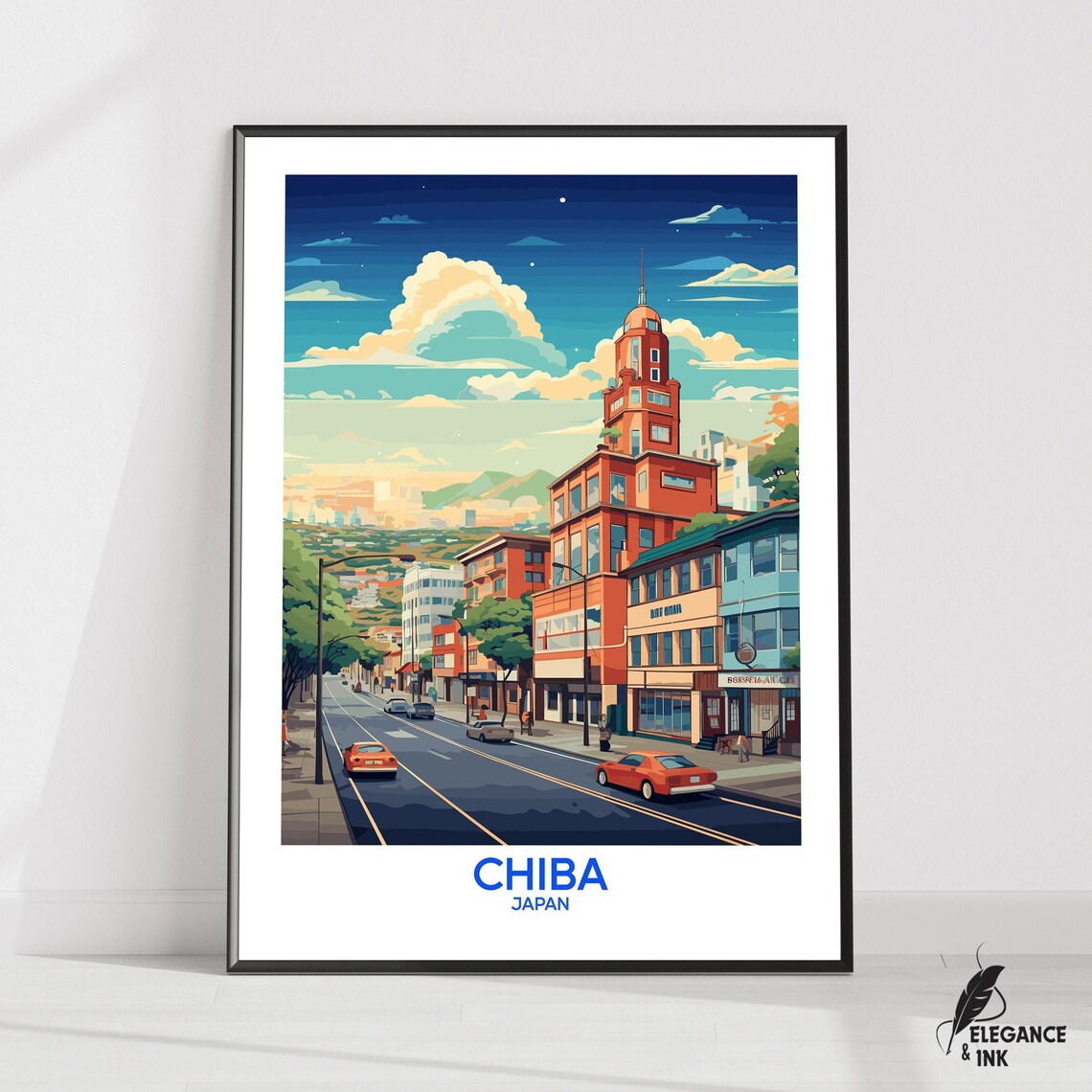 Chiba Japan Retro Downtown Street Classic Red Car Travel Poster