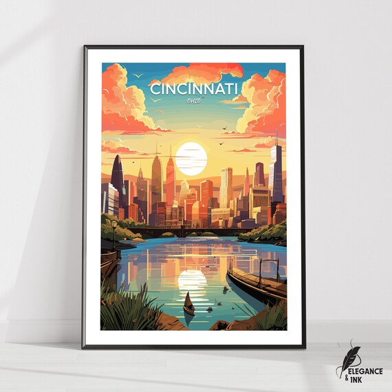 Cincinnati Ohio Skyline Sunset River Vintage Travel Art Poster