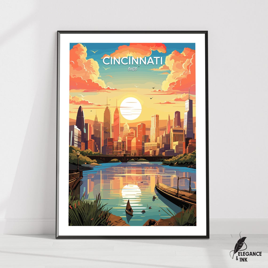 Cincinnati Ohio Skyline Sunset River Vintage Travel Art Poster