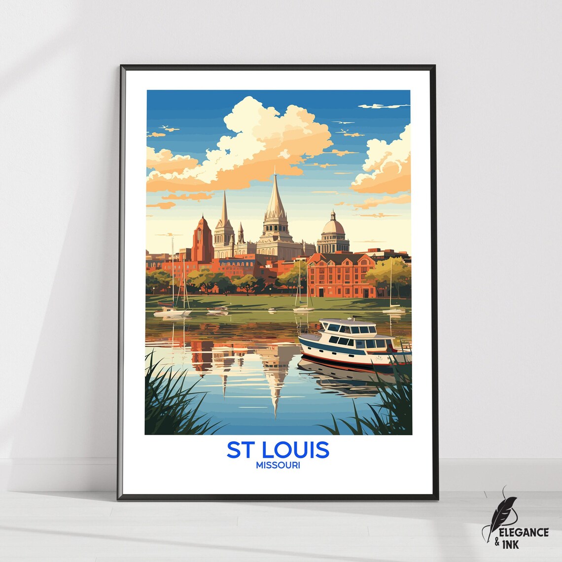 St Louis Missouri Riverfront Skyline Sailboats Travel Poster Art