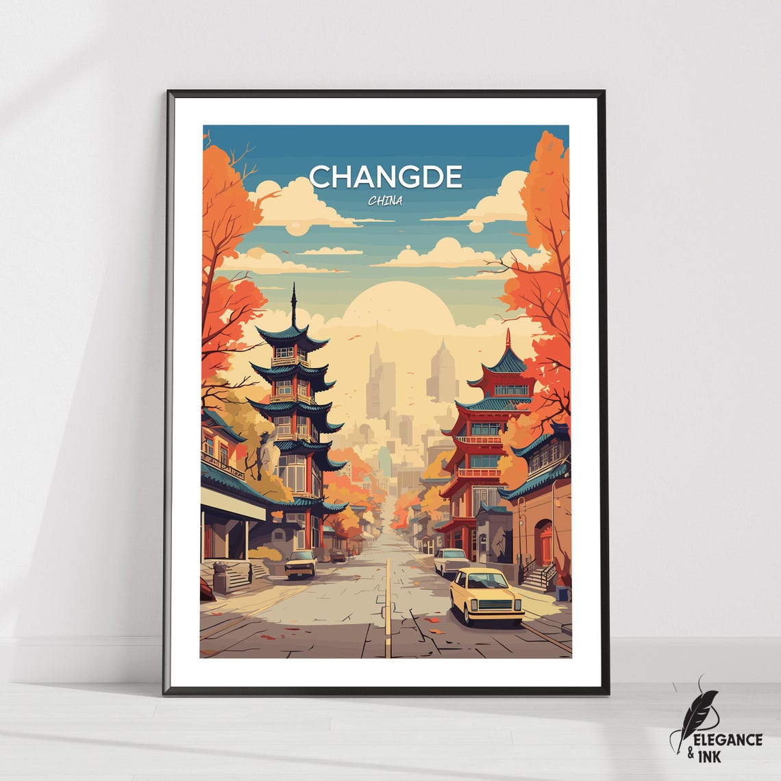 Changde China Autumn Pagoda Street Vintage Cityscape Travel Poster
