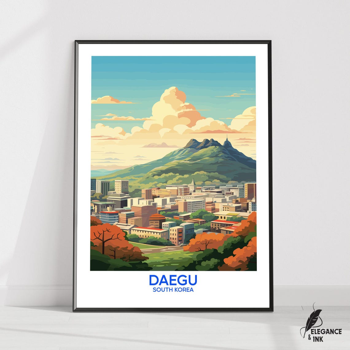 Daegu South Korea Mountain Cityscape Retro Vintage Travel Poster
