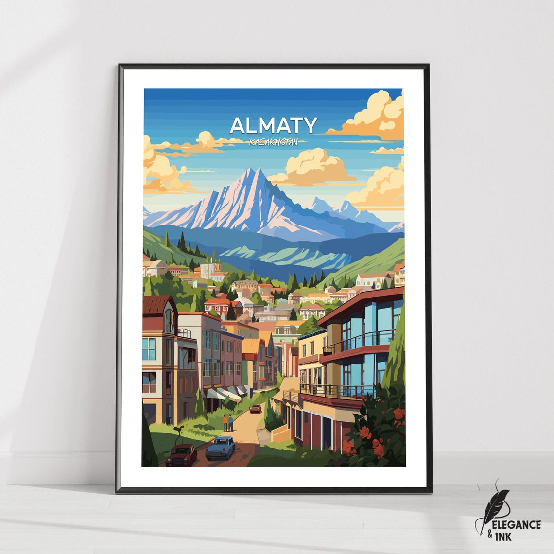 Almaty Kazakhstan Mountain Valley Town Vintage Travel Poster