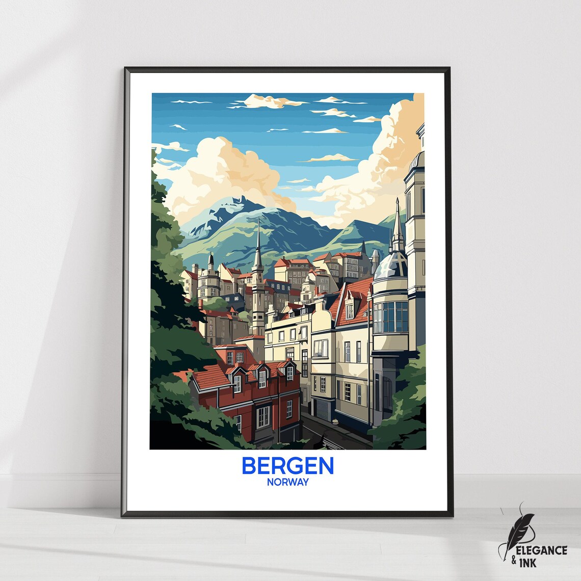 Bergen Norway Old Town Mountains Scenic Vintage Travel Poster