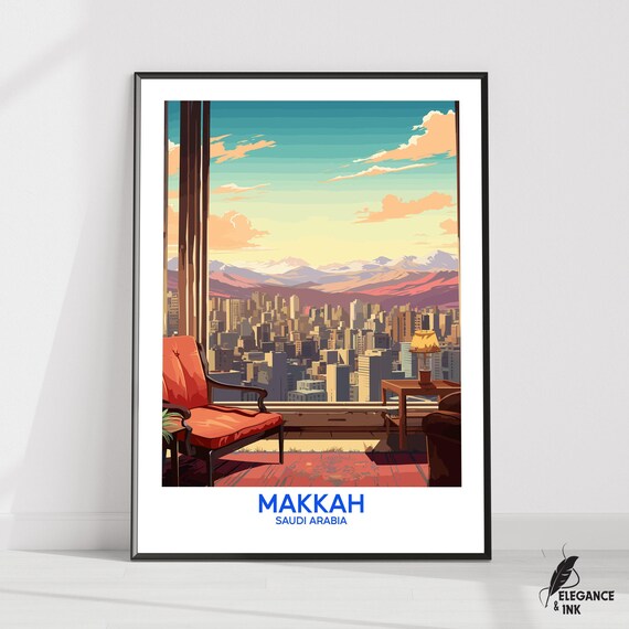 Makkah Wall Hanging Postermakkah Flat Vector Illustration Canvassaudi Arabia Handmade Wooden Frame And Unframed Colorful Vintage Gift