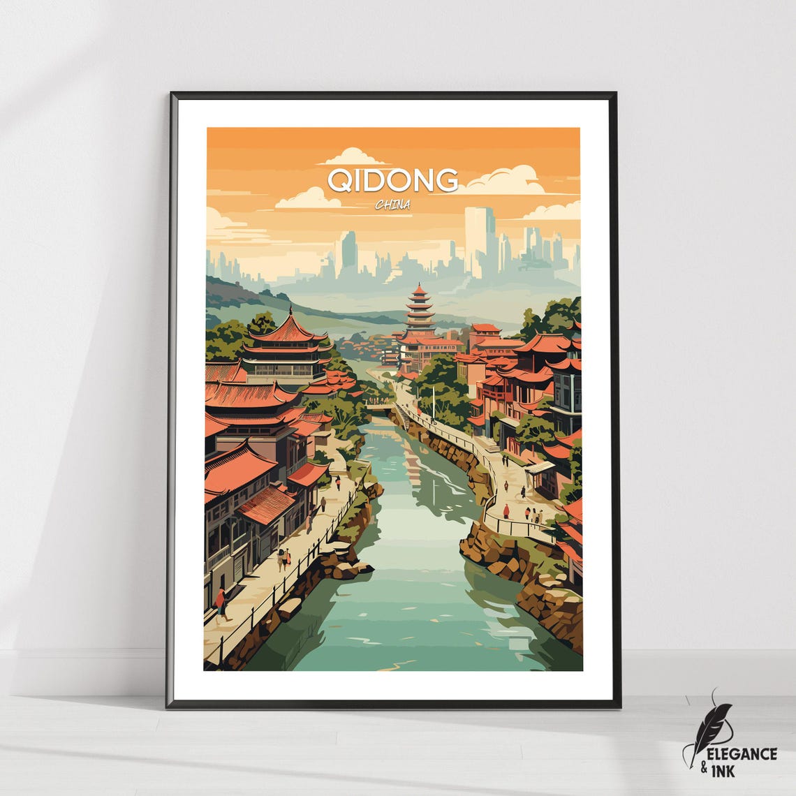 Qidong China Riverside Pagoda Sunset Vintage Illustrated Travel Poster
