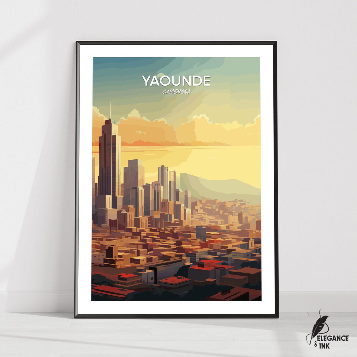 Yaounde Cameroon Golden City Skyline Sunset Vintage Travel Poster