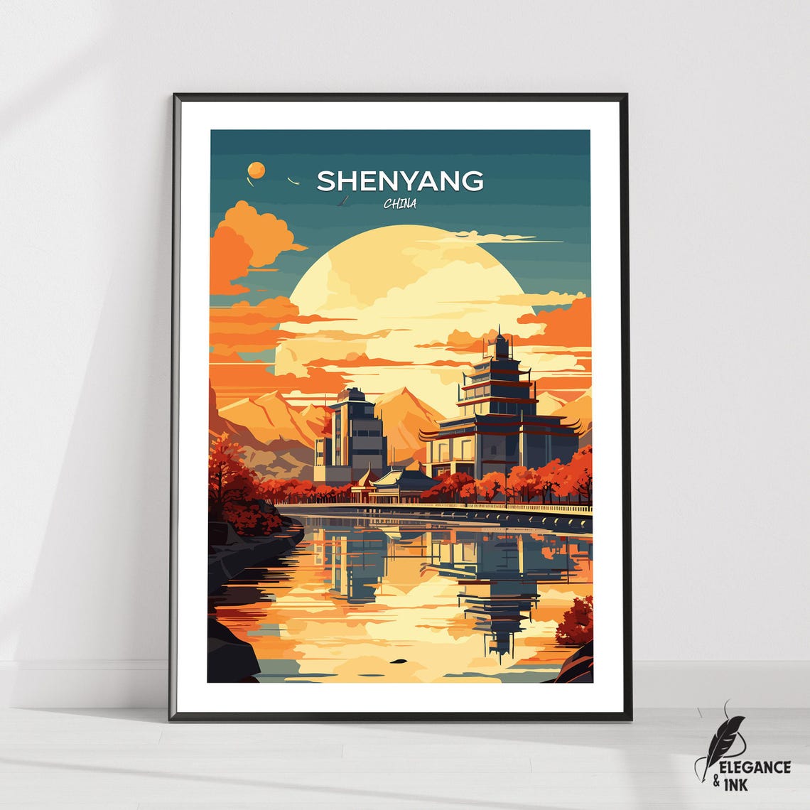 Shenyang China Sunset Pagoda River Reflection Travel Poster Art