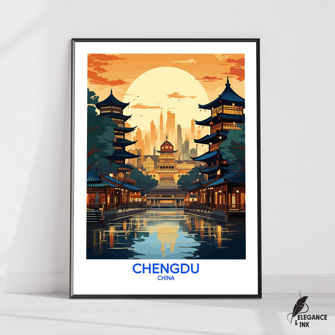 Chengdu China Pagoda Riverside at Sunset Skyline Travel Poster