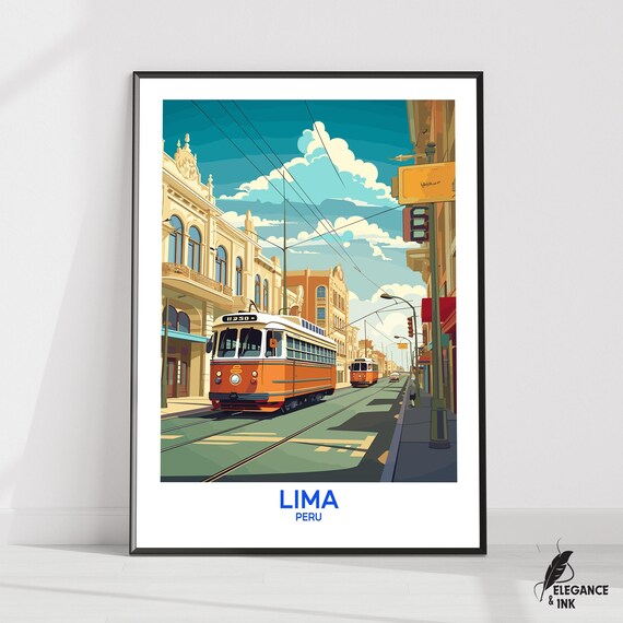 Lima Peru Vintage Orange Tram Colonial Street Scene Travel Poster