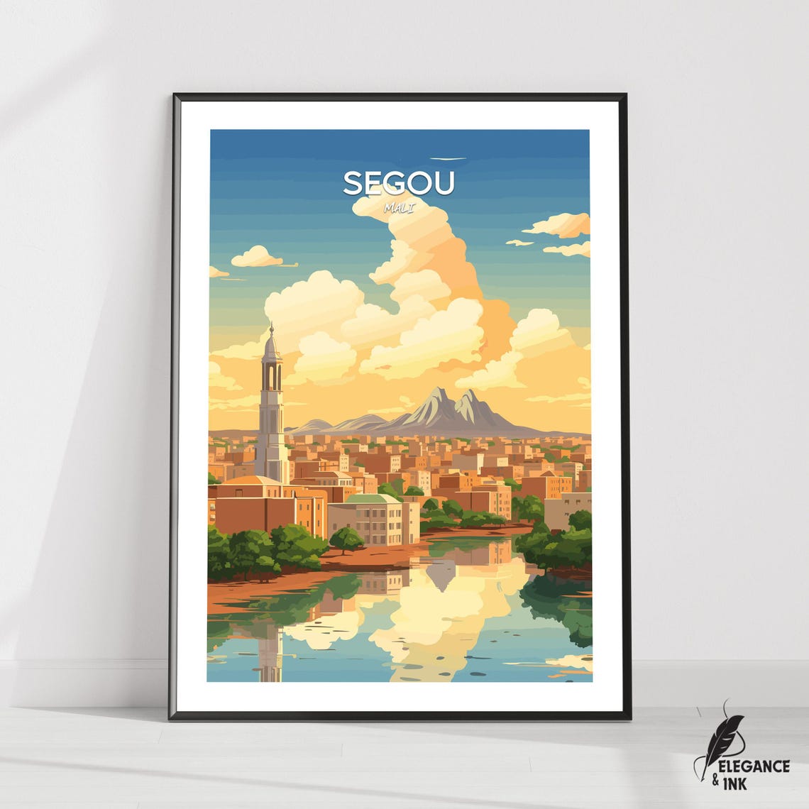 Segou Mali Mosque Minaret Riverside Vintage Travel Illustration Poster