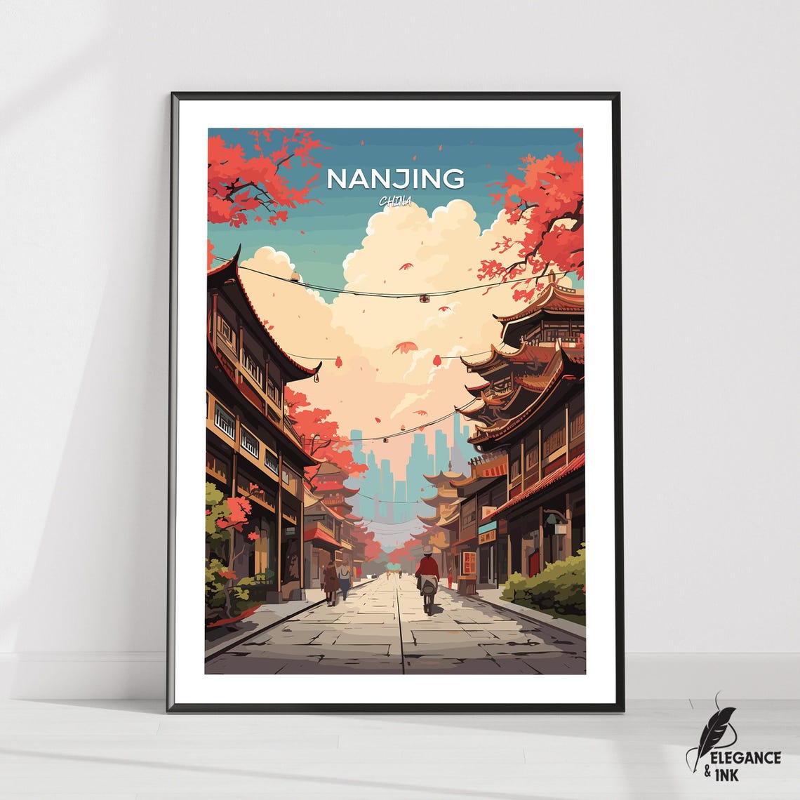 Nanjing China Autumn Old Street Pagodas Vintage Travel Poster