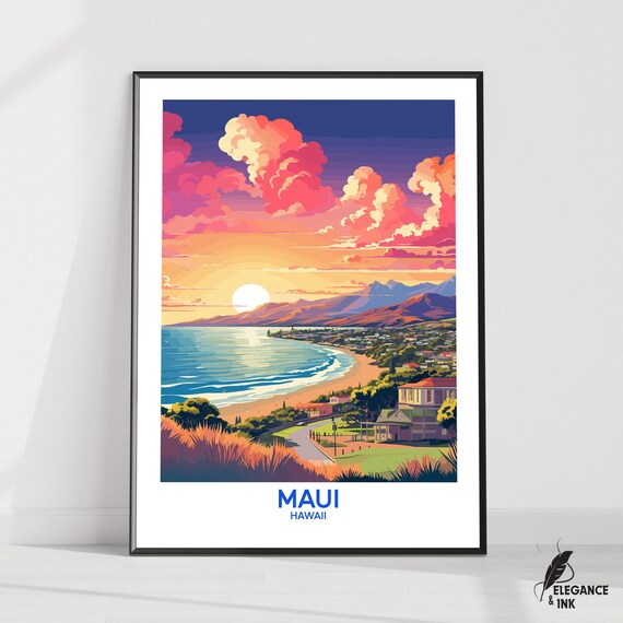 Maui Hawaii Sunset Bay Dramatic Sky Vintage Colorful Travel Poster