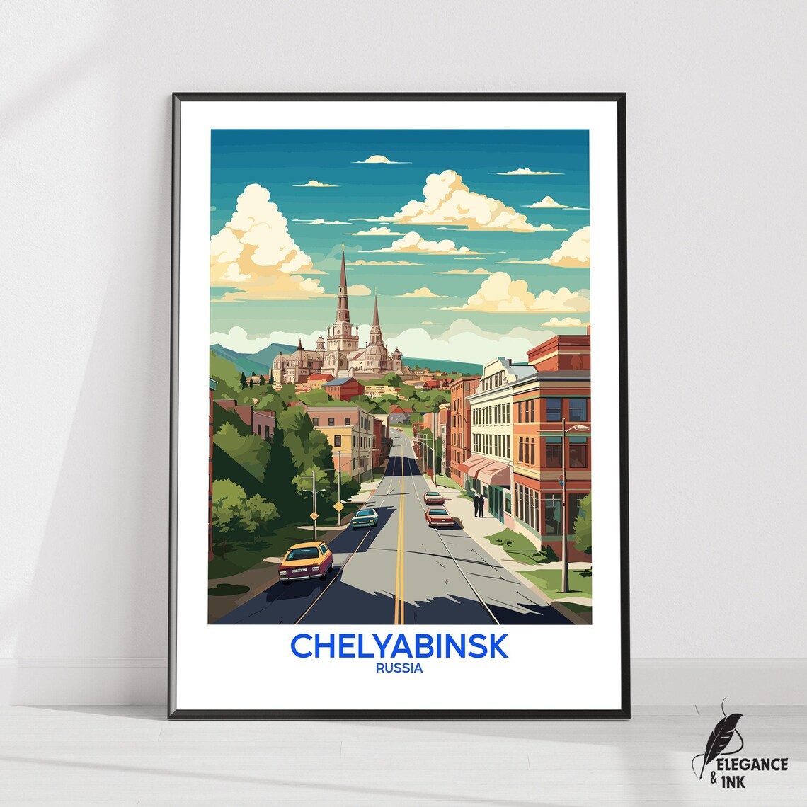 Chelyabinsk Russia Historic Street Church Spires Travel Poster