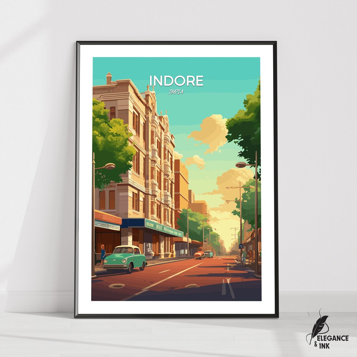 Indore India Vintage Travel Poster With Art Deco Street Scene