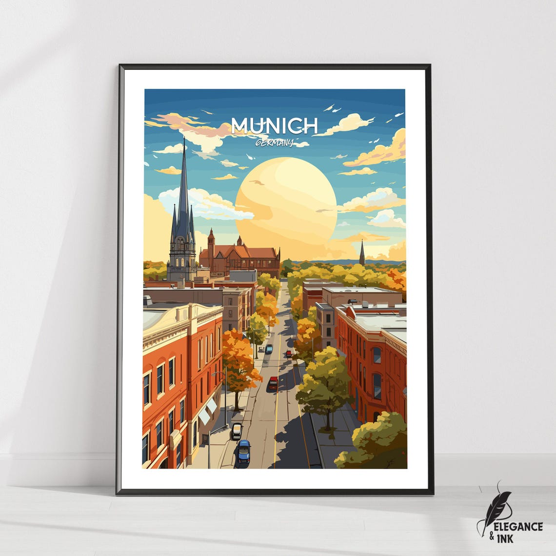 Munich Germany Autumn Street Sunny Illustrated Travel Poster